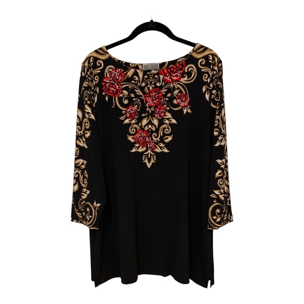 JM Collection Black Tunic Dress Jewels Red Flowers Gold Sz XL